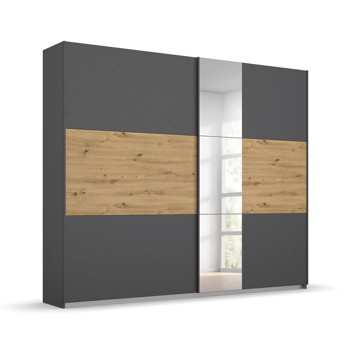 Rauch Miro 2 Door Sliding Wardrobe With Mirror in Metallic Grey & Artisan Oak