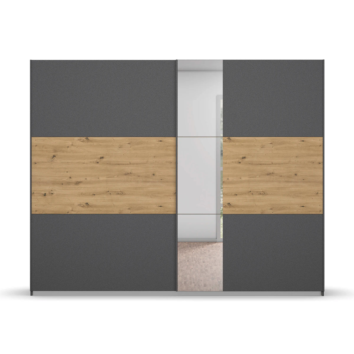 Rauch Miro 2 Door Sliding Wardrobe With Mirror in Metallic Grey & Artisan Oak front view