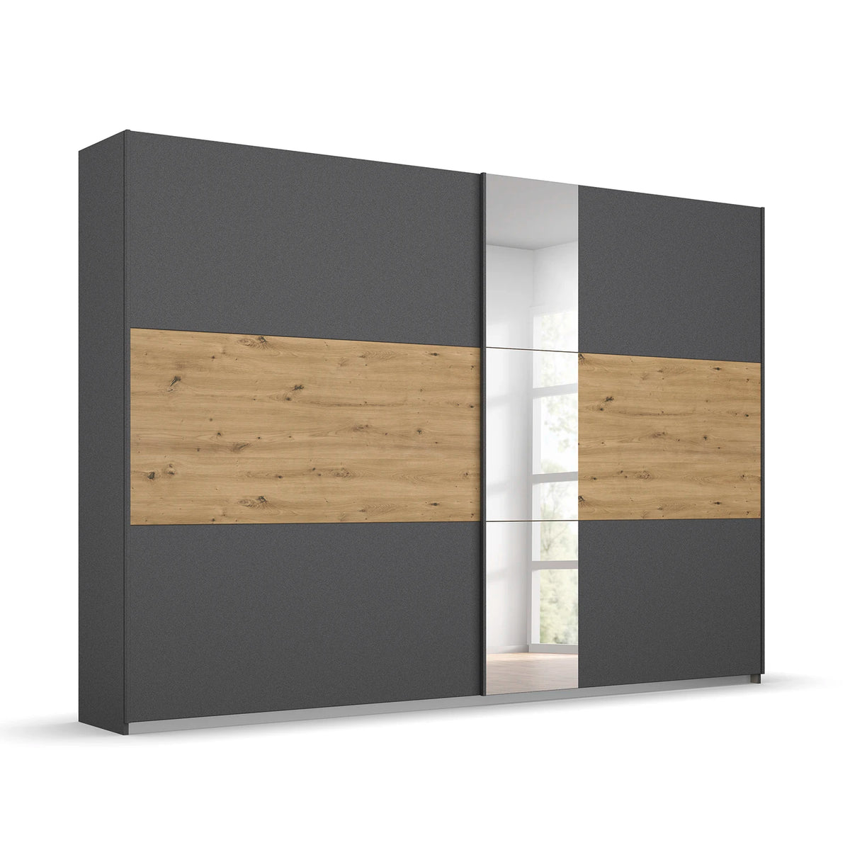 Rauch Miro 2 Door Sliding Wardrobe With Mirror in Metallic Grey & Artisan Oak