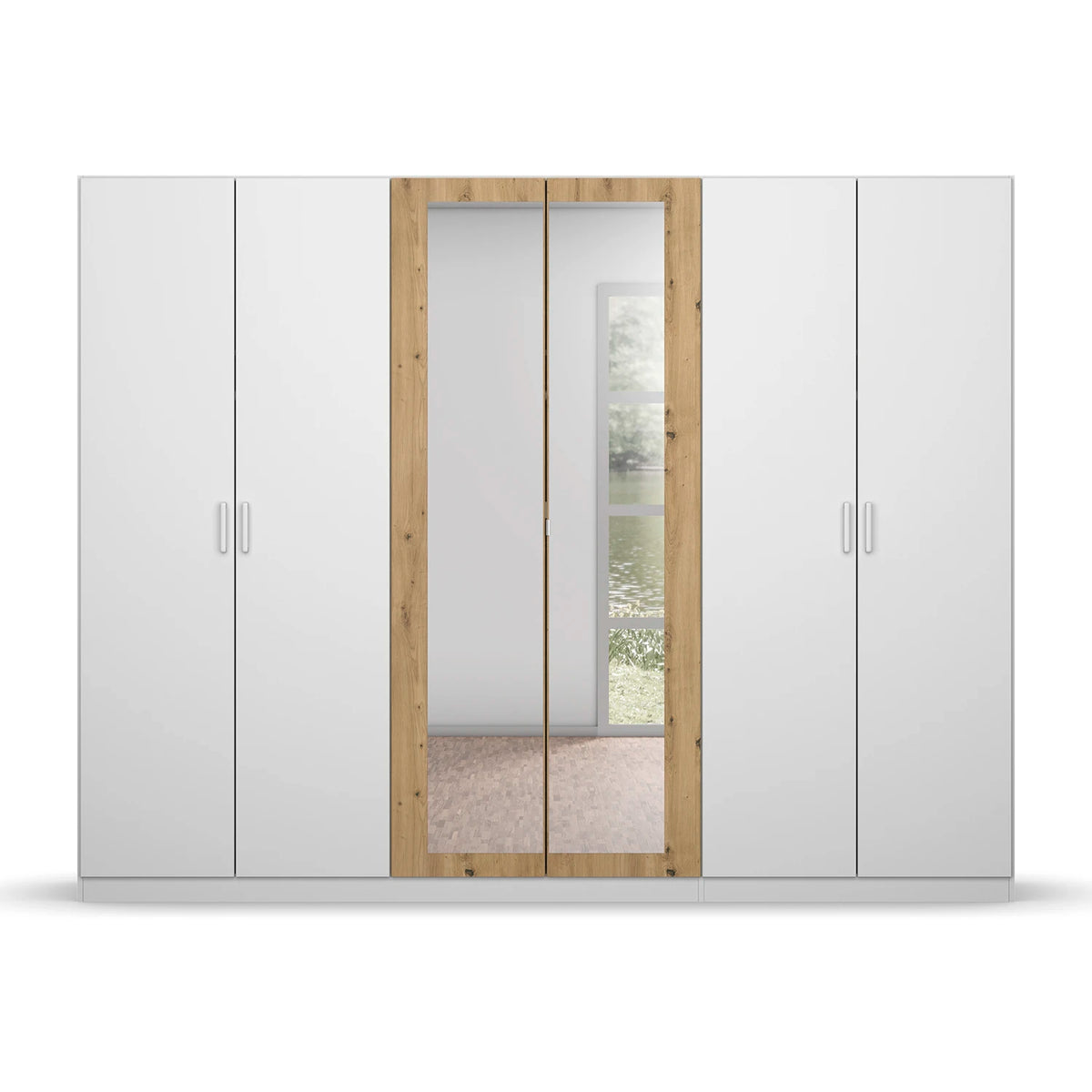 Rauch Miro 6 Door Hinged Wardrobe 271cm With Mirror in Alpine White front view