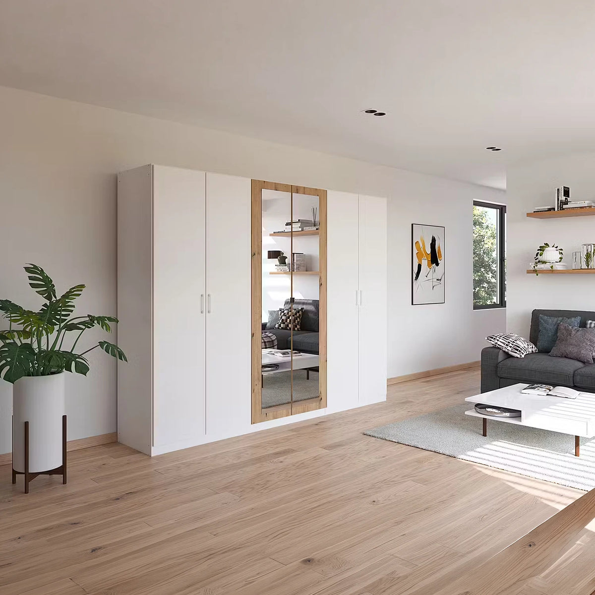 Rauch Miro 6 Door Hinged Wardrobe 271cm With Mirror in Alpine White styled in a beautiful bedroom