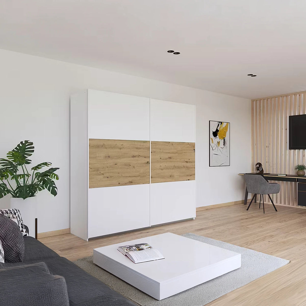 Rauch Miro 2 Door Sliding Wardrobe in Alpine White & Artisan Oak styled in a modern bedroom