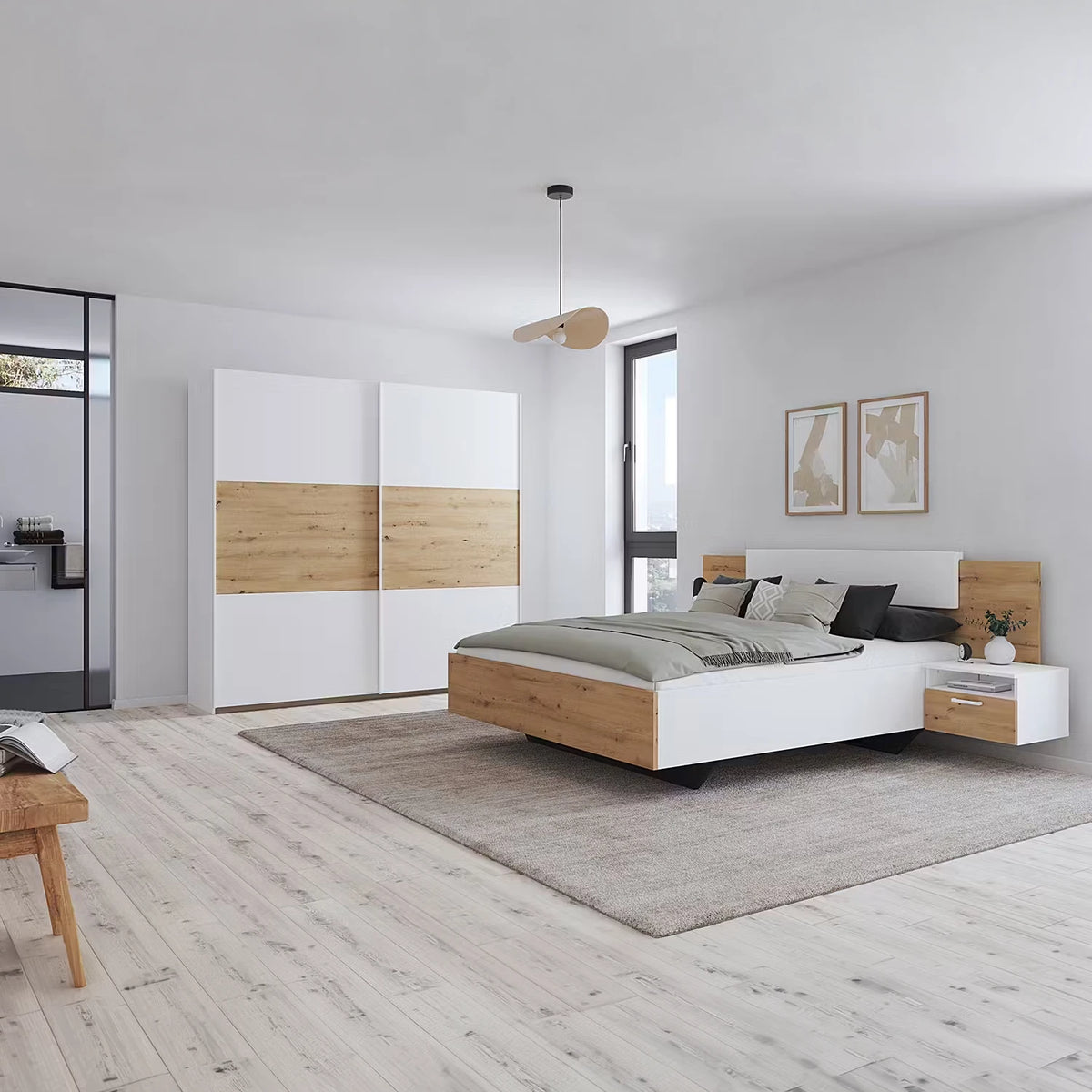 Rauch Miro 2 Door Sliding Wardrobe in Alpine White & Artisan Oak with matching bedroom furniture