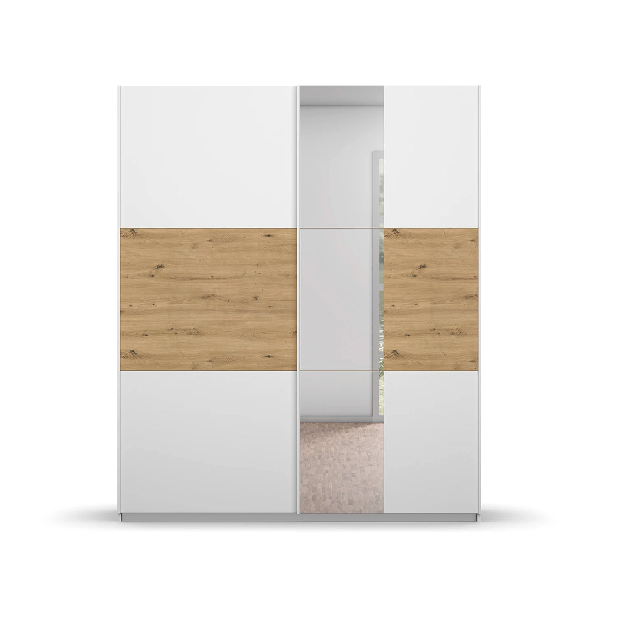 Rauch Miro 2 Door Sliding Wardrobe With Mirror in Alpine White & Artisan Oak front view