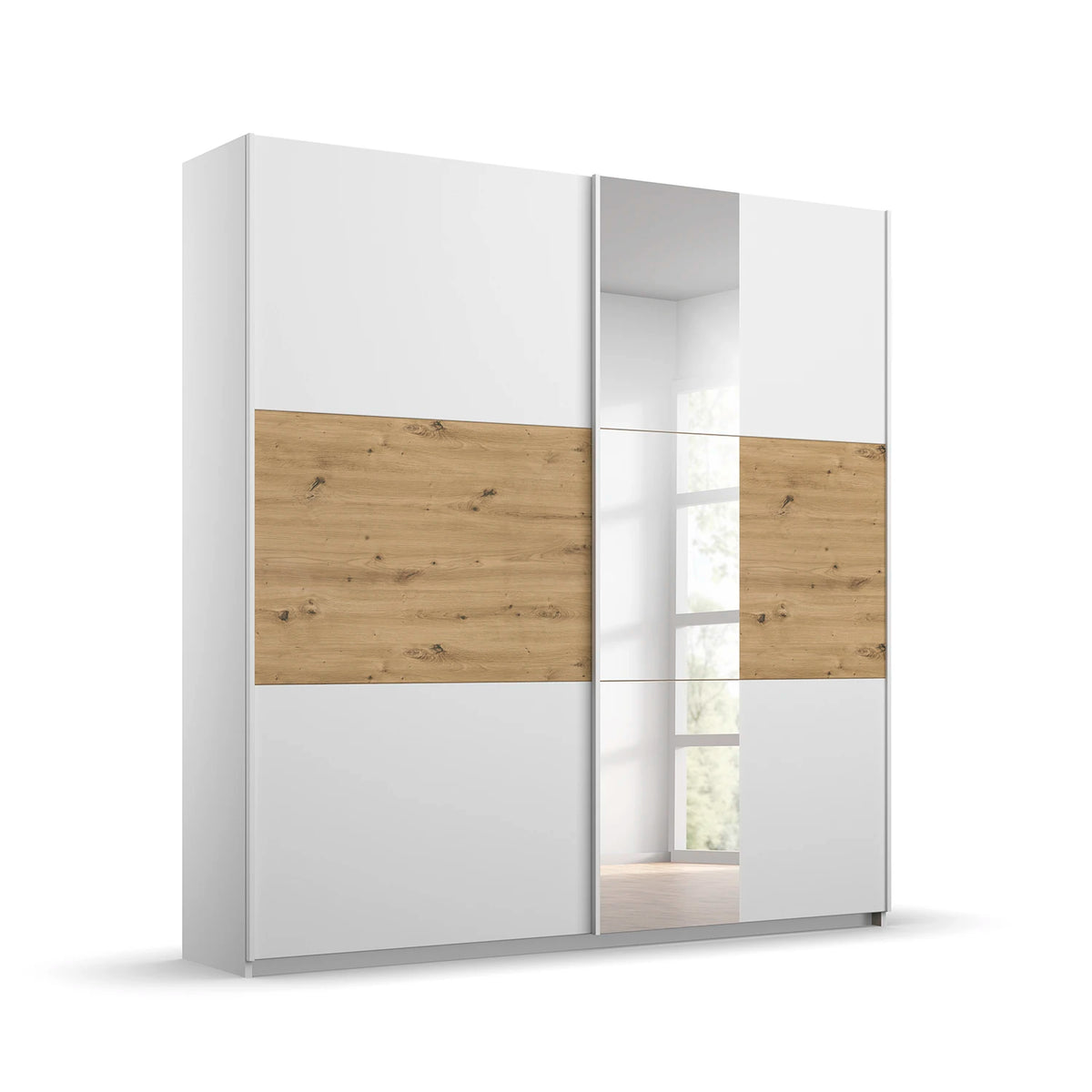 Rauch Miro 2 Door Sliding Wardrobe With Mirror in Alpine White & Artisan Oak