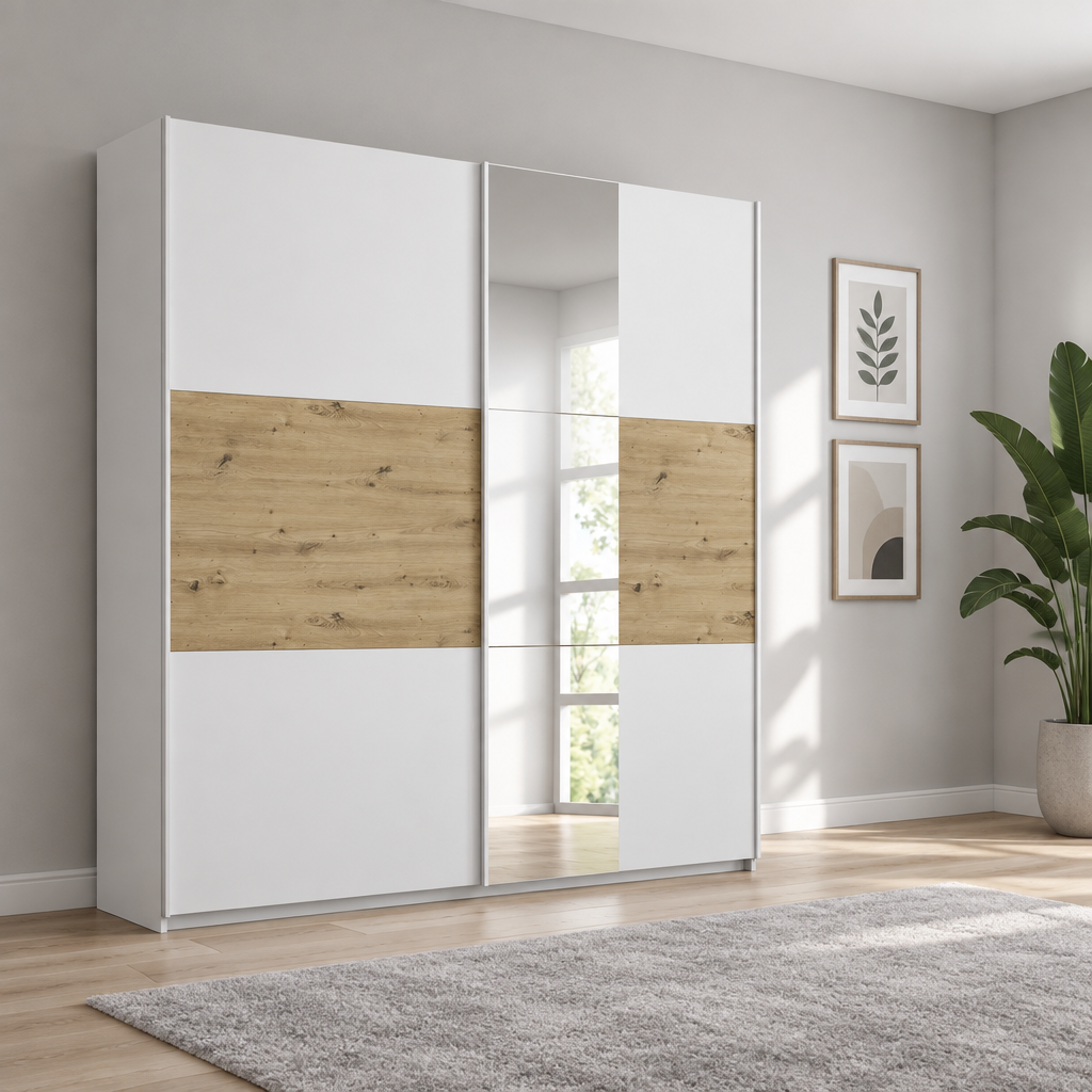 Rauch Miro 2 Door Sliding Wardrobe With Mirror in Alpine White & Artisan Oak styled in a modern bedroom