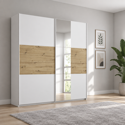 Rauch Miro 2 Door Sliding Wardrobe With Mirror in Alpine White & Artisan Oak styled in a modern bedroom