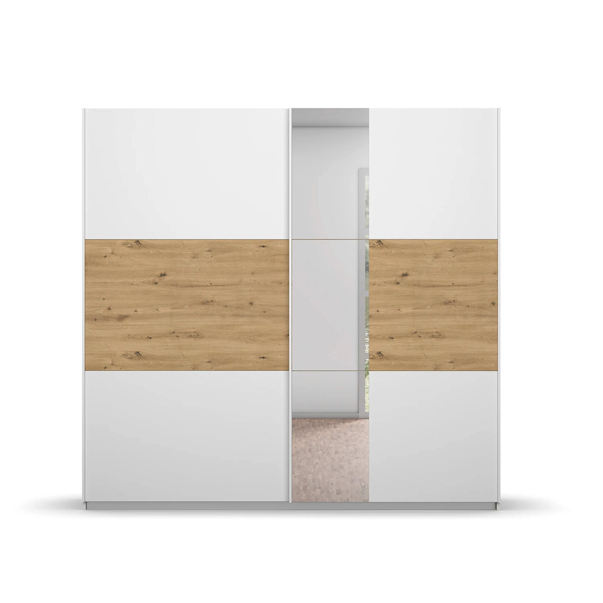 Rauch Miro 2 Door Sliding Wardrobe With Mirror in Alpine White & Artisan Oak front view