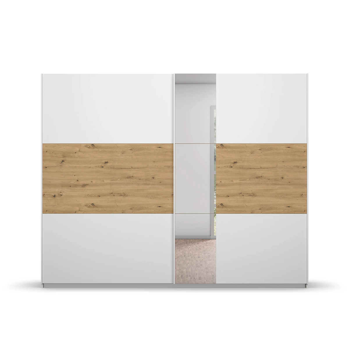 Rauch Miro 2 Door Sliding Wardrobe With Mirror in Alpine White & Artisan Oak front view