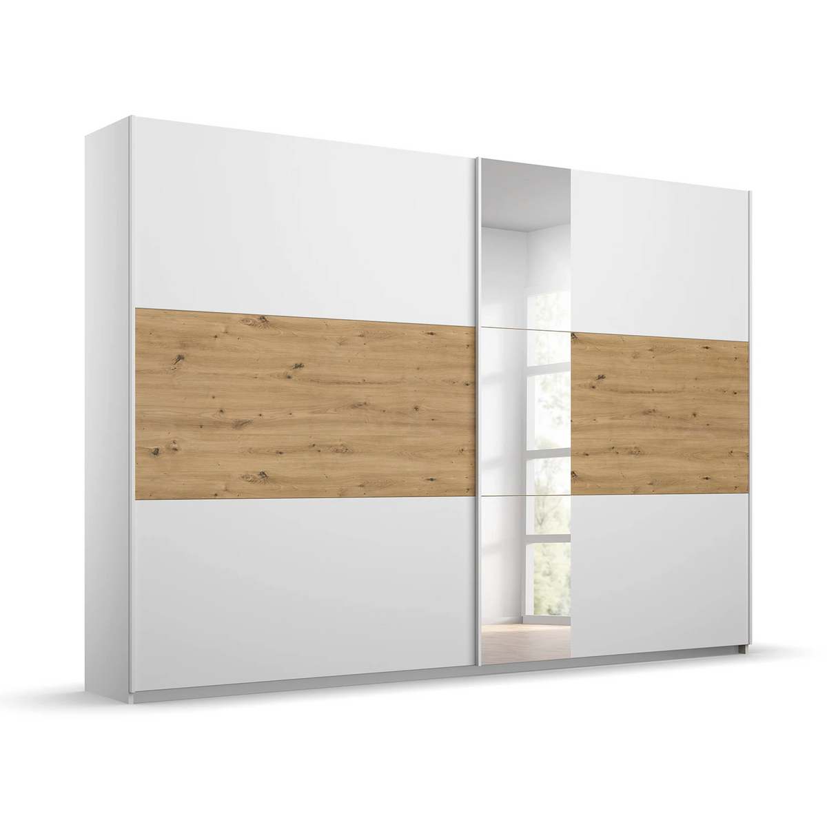 Rauch Miro 2 Door Sliding Wardrobe With Mirror in Alpine White & Artisan Oak