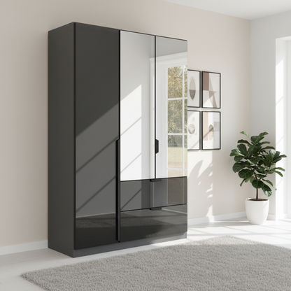 Rauch Modern Mulheim 3 Door Basalt Glass Wardrobe with Drawers and Mirror width 136cm