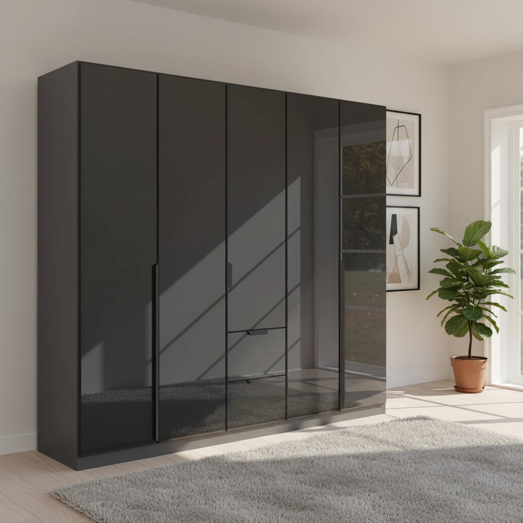 Rauch Modern Black large 5 Door Hinged Wardrobe with Drawers 