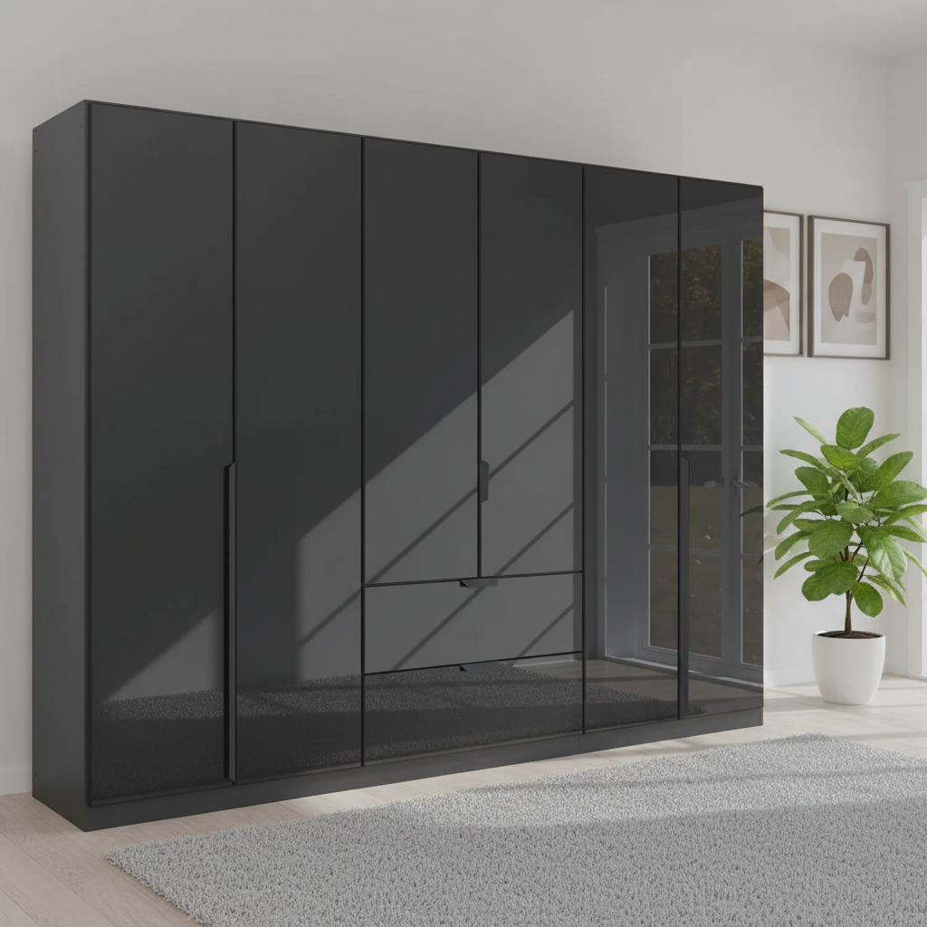 Rauch Modern Black wardrobe with glass front doors and Middle two drawers Width 271cm