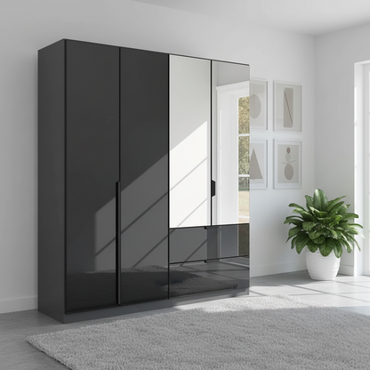 Rauch Modern Mulheim Quadra SPin 4 Door Basalt Glass Wardrobe with Drawers and Mirror 