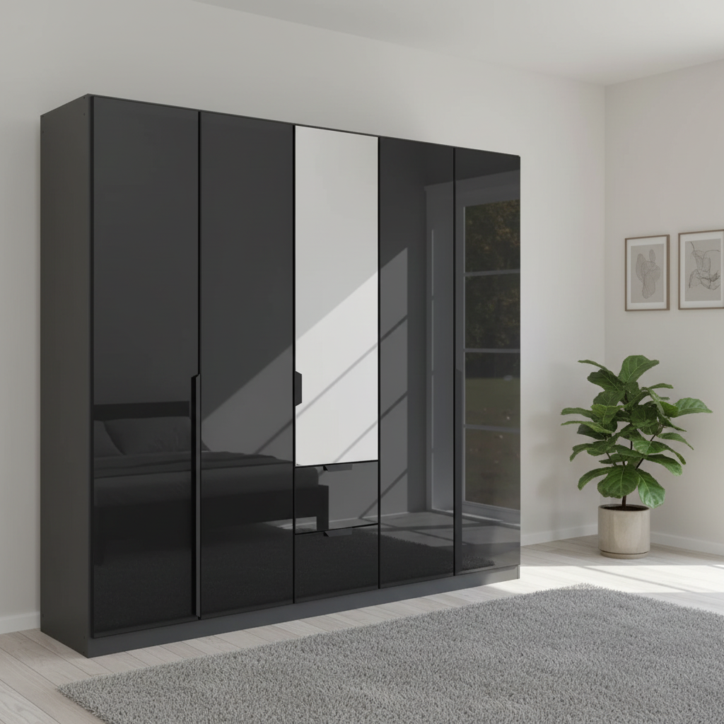 A modern five-door wardrobe with glossy black glass doors and a central mirror door, and 2 drawers underneath