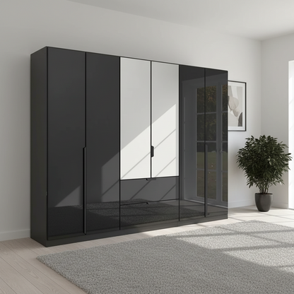 Rauch Modern Mulheim Large 6 Door Basalt Glass Wardrobe with Mirror and Drawers 