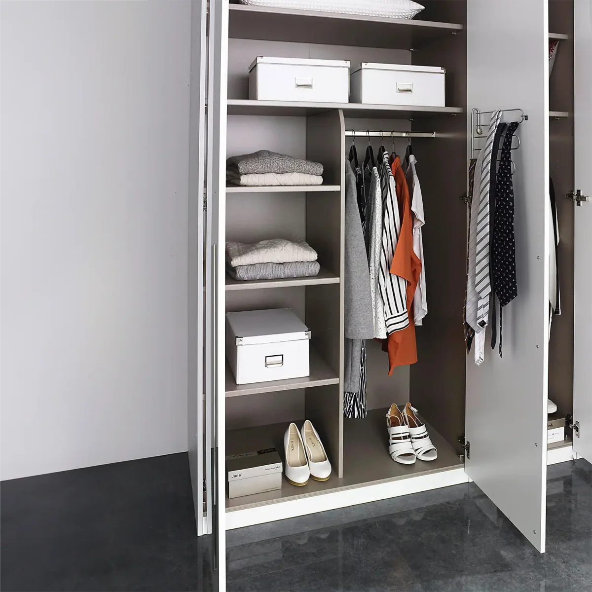 Rauch Montclar White High Gloss 6 Door Wardrobe with Drawers & Mirror - Orange Plus Interior view