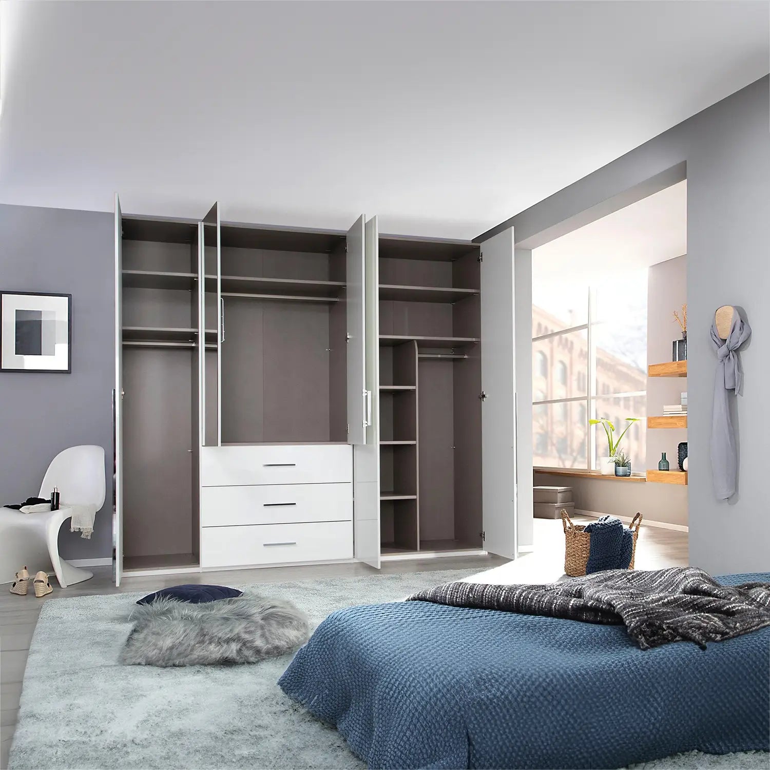 Rauch Montclar White High Gloss 5 Door Wardrobe with Drawers & Mirror - Interior view Styled in Bedroom