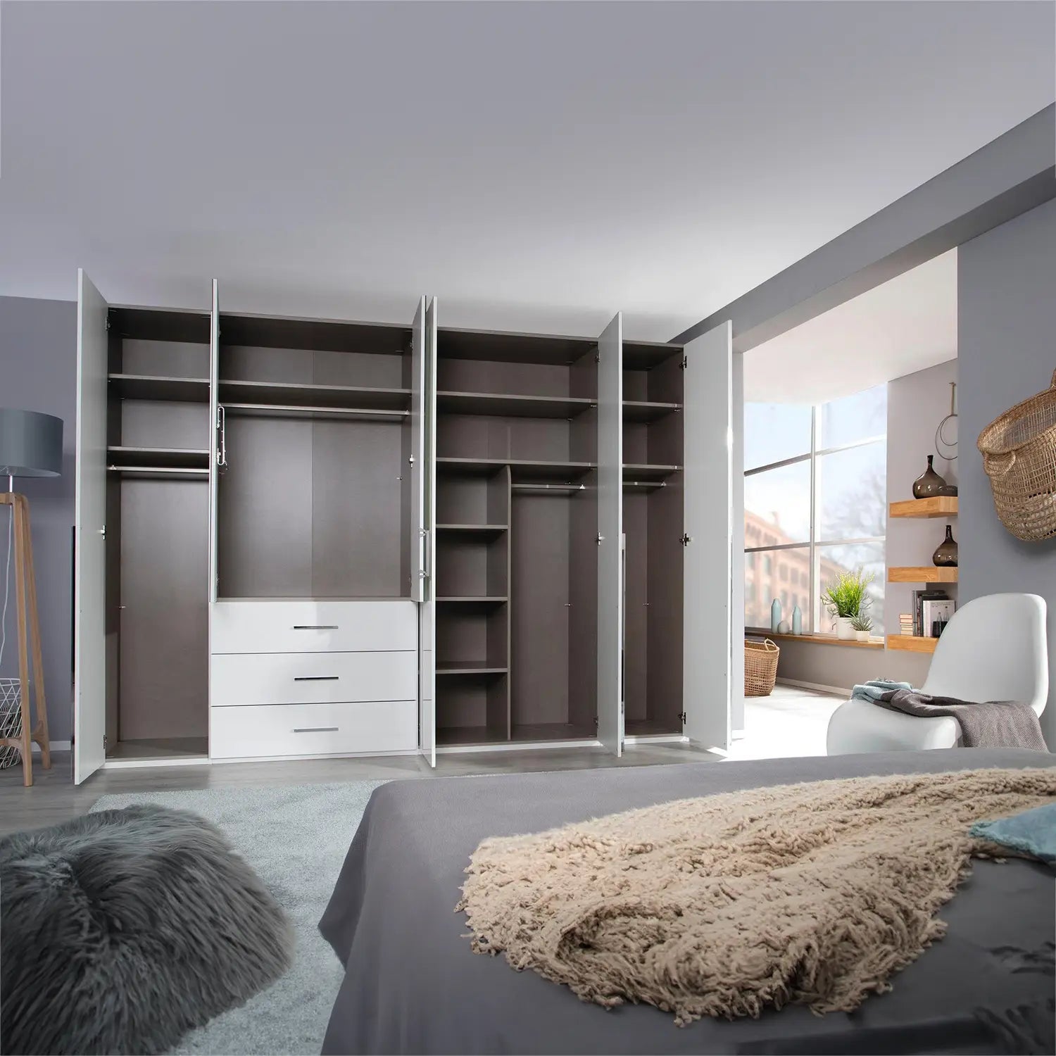 Rauch Montclar White High Gloss 6 Door Wardrobe with Drawers & Mirror - Interior view 