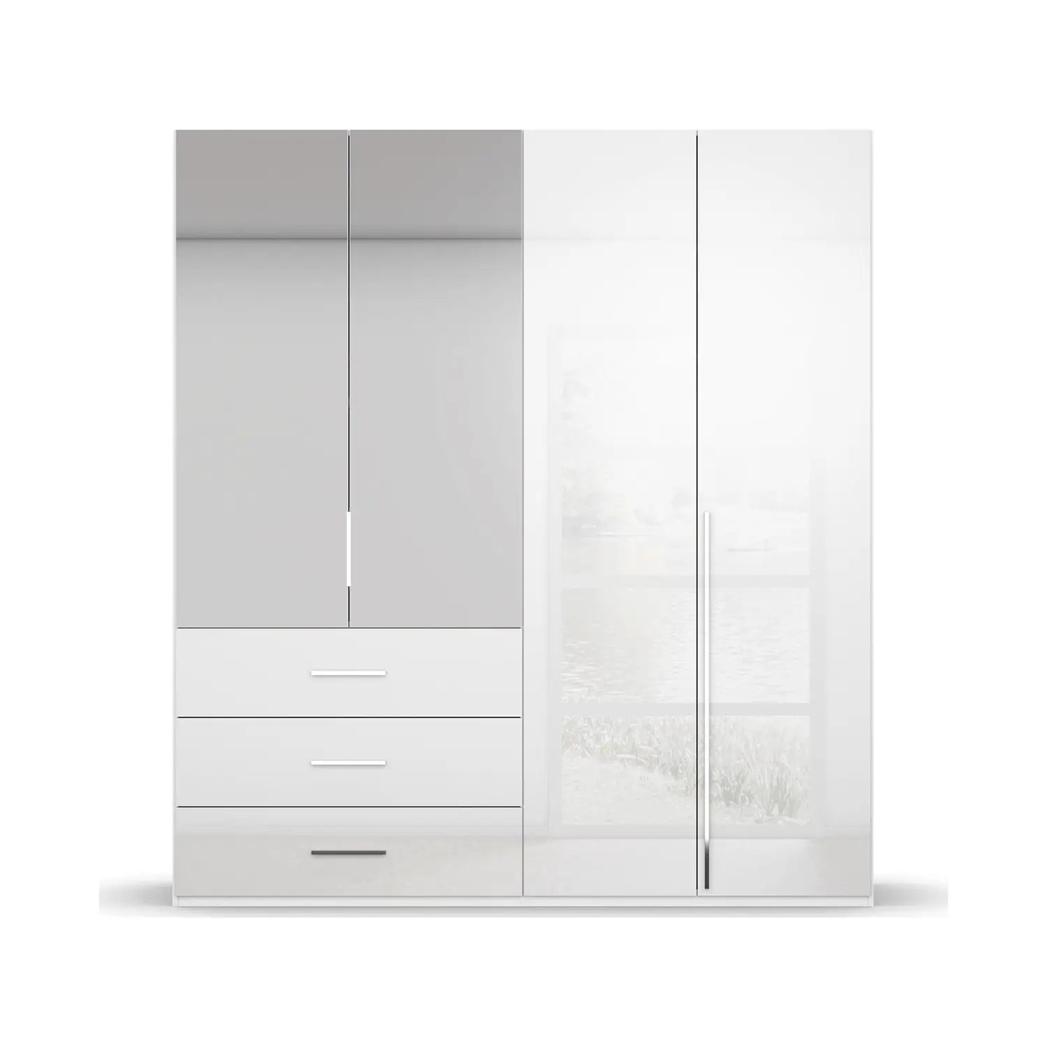 Rauch Montclar White High Gloss 4 Door Wardrobe with Drawers - Pendle Village Furniture