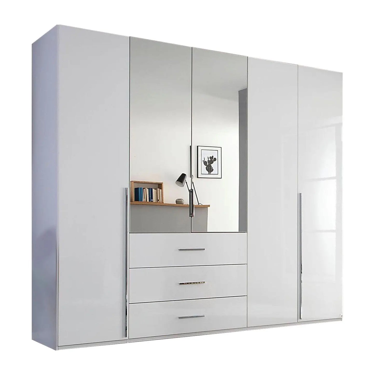 Rauch Montclar White High Gloss 5 Door Wardrobe with Drawers & Mirror