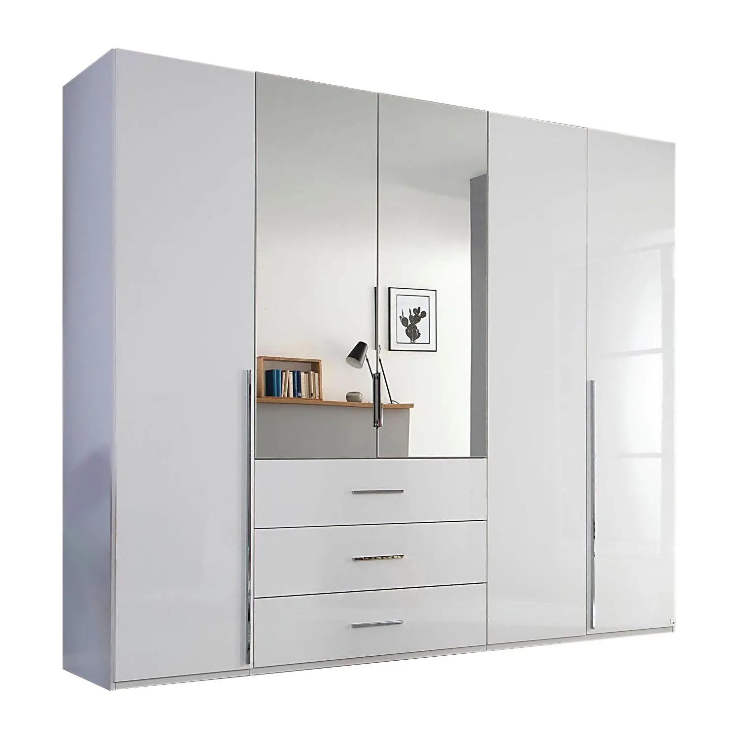 Rauch Montclar White High Gloss 5 Door Wardrobe with Drawers & Mirror
