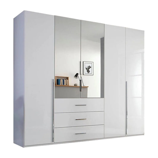 Rauch Montclar White High Gloss 5 Door Wardrobe with Drawers & Mirror