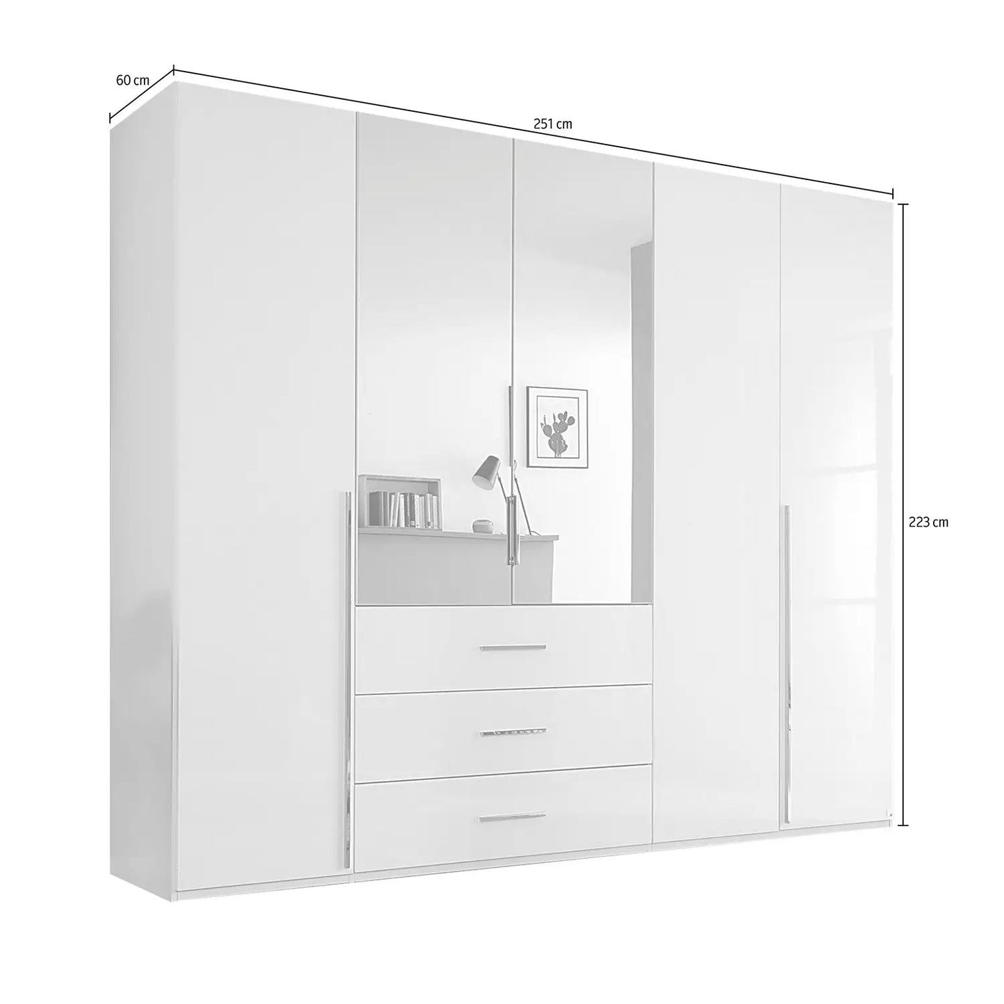 Rauch Montclar White High Gloss 5 Door Wardrobe with Drawers & Mirror - Dimensions