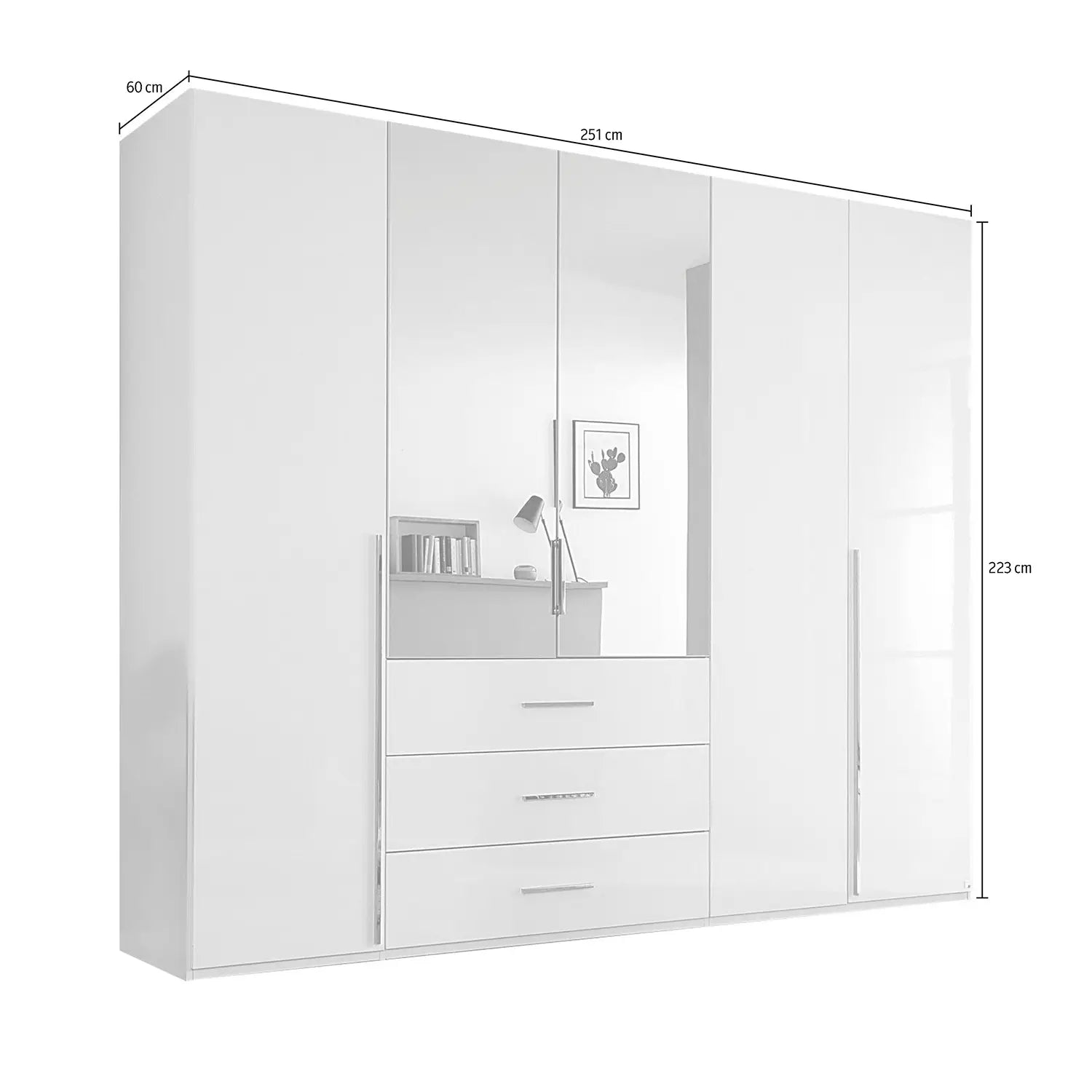 Rauch Montclar White High Gloss 5 Door Wardrobe with Drawers & Mirror - Dimensions