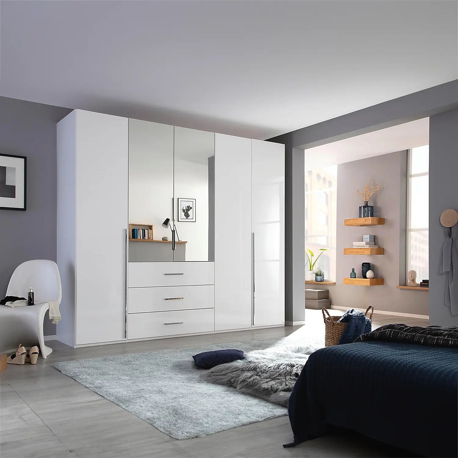 Rauch Montclar White High Gloss 5 Door Wardrobe with Drawers & Mirror - Styled in a Bedroom