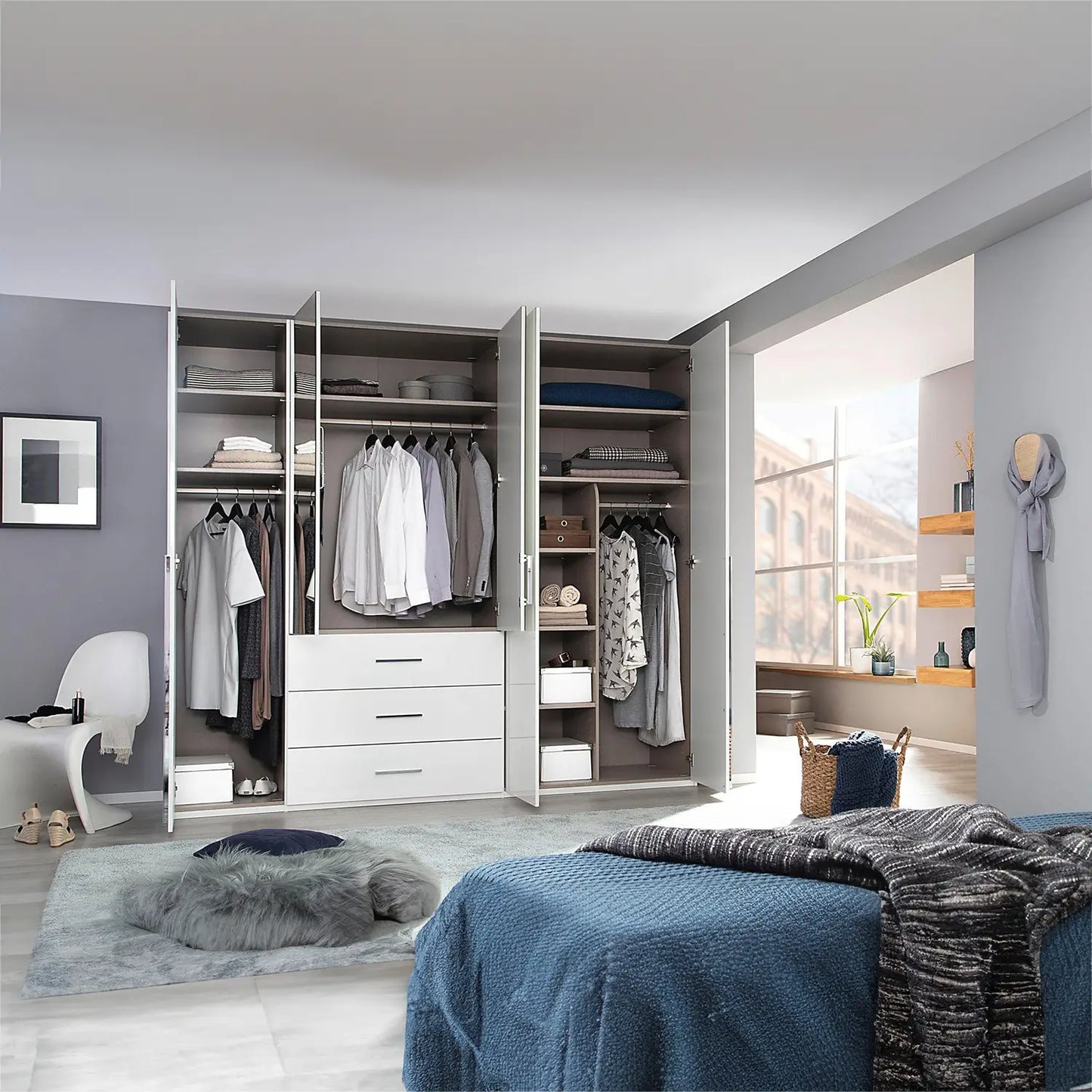 Rauch Montclar White High Gloss 5 Door Wardrobe with Drawers & Mirror - Interior view Styled in a Bedroom with Belongings