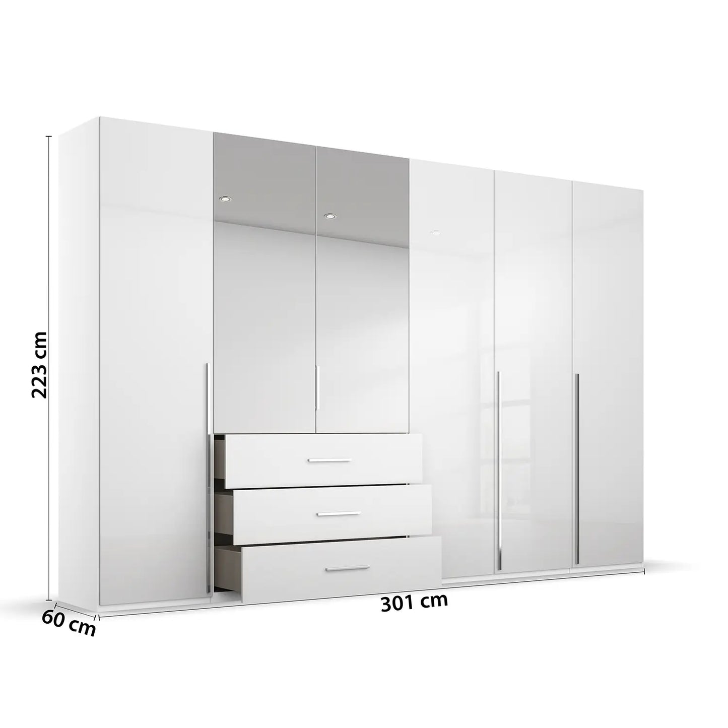 Rauch Montclar White High Gloss 6 Door Wardrobe with Drawers & Mirror - Dimensions