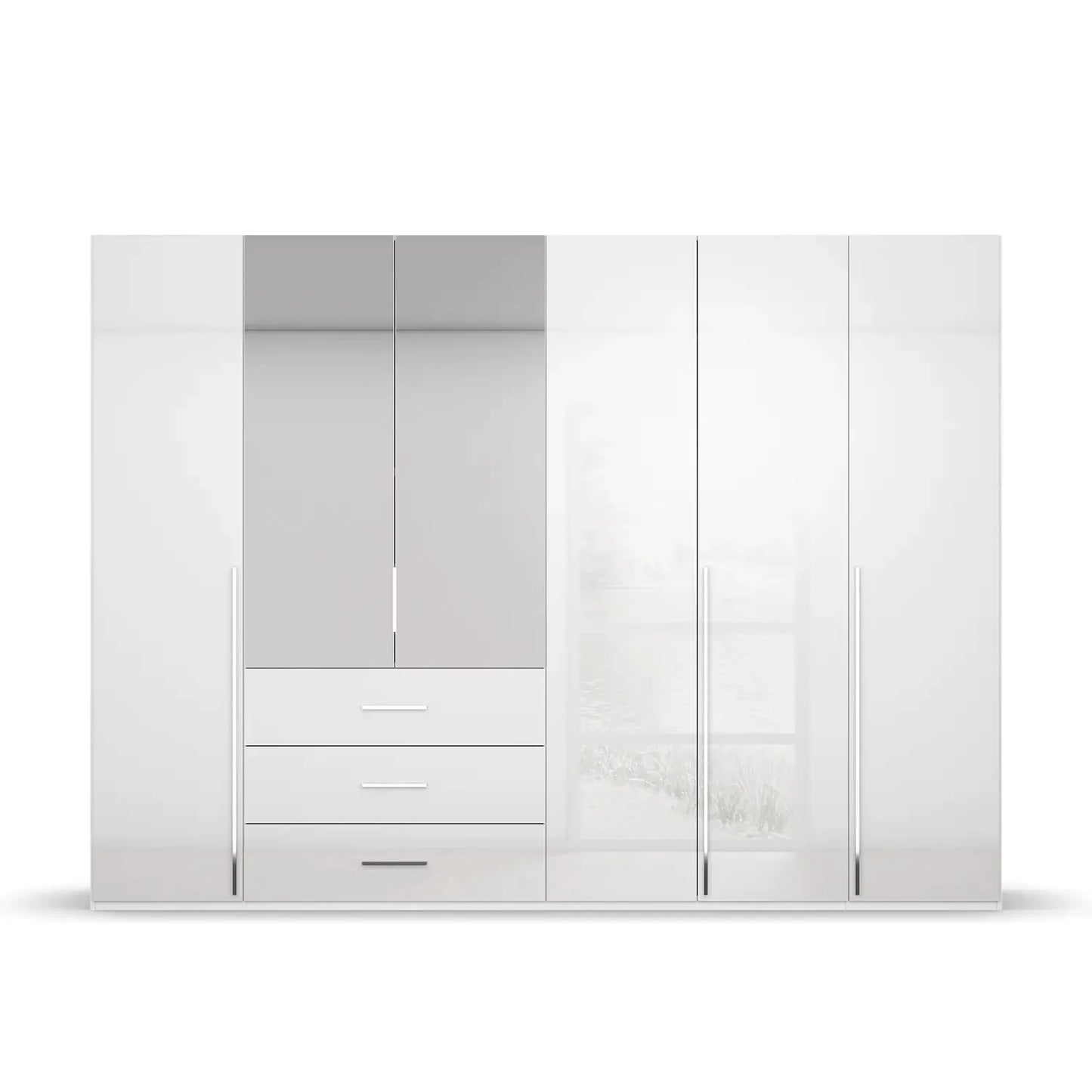 Rauch Montclar White High Gloss 6 Door Wardrobe with Drawers & Mirror - Front view