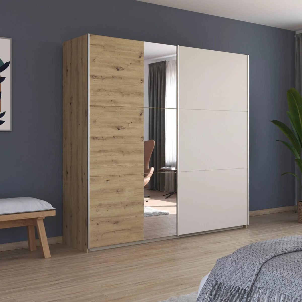 Rauch Monza 2 Door Sliding Wardrobe in Artisan Oak & Champagne styled in a modern bedroom