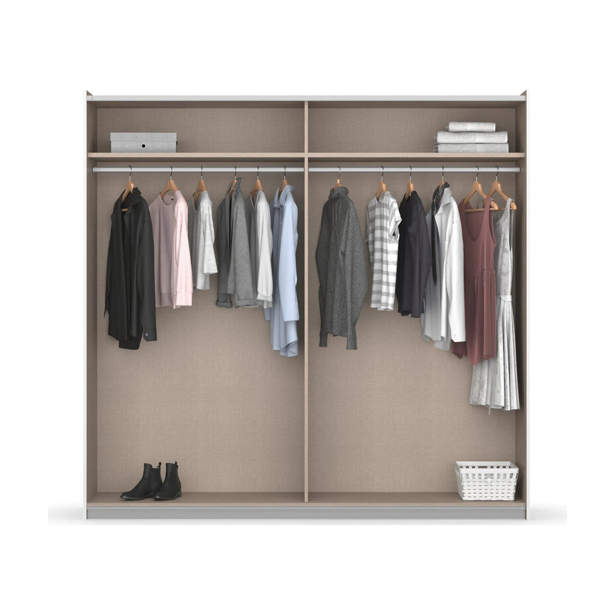 Rauch Monza 2 Door Sliding Wardrobe in Artisan Oak & Champagne internal compartments lifestyle image