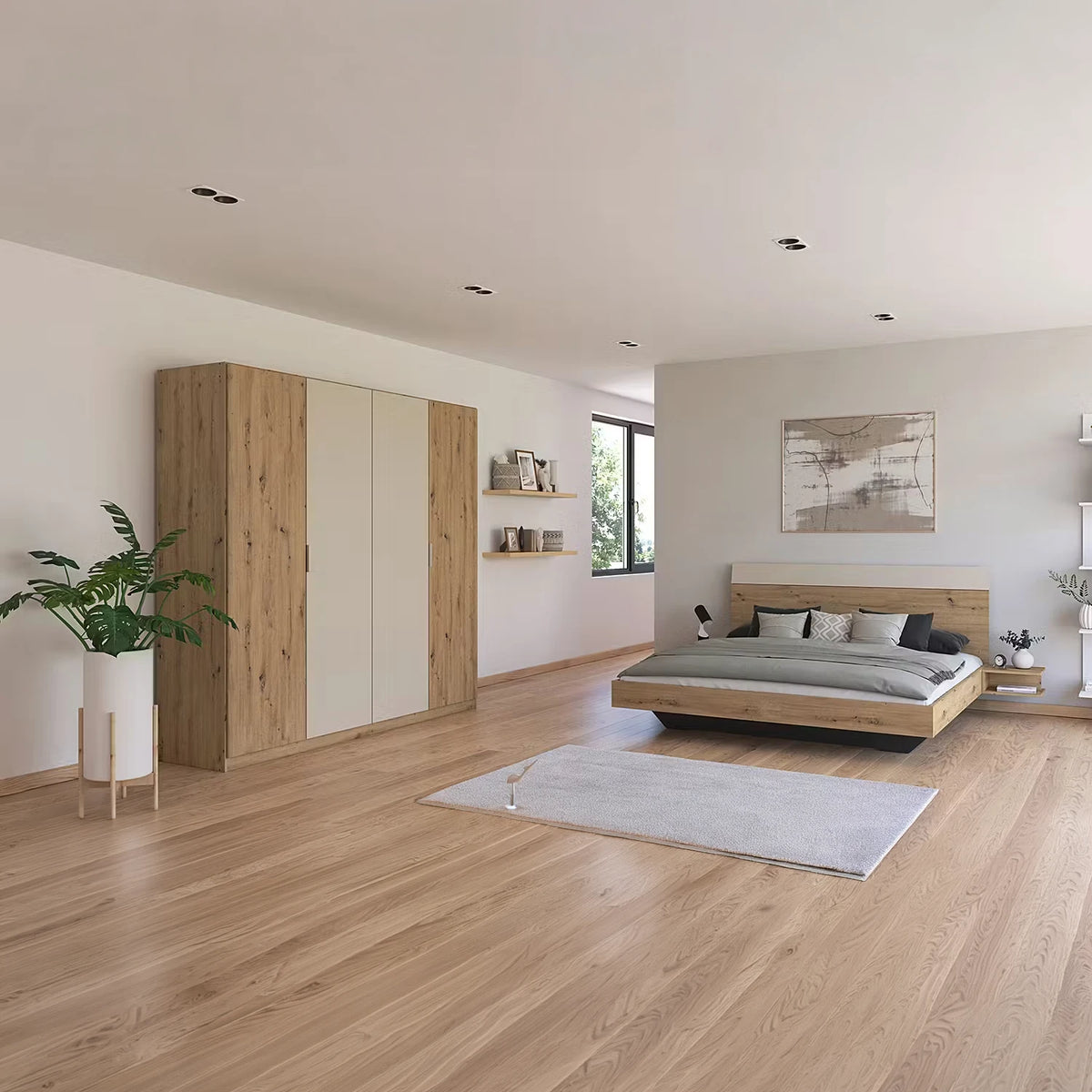 Rauch Monza 4 Door Hinged Door Wardrobe in Oak & Champagne styled in a luxury room