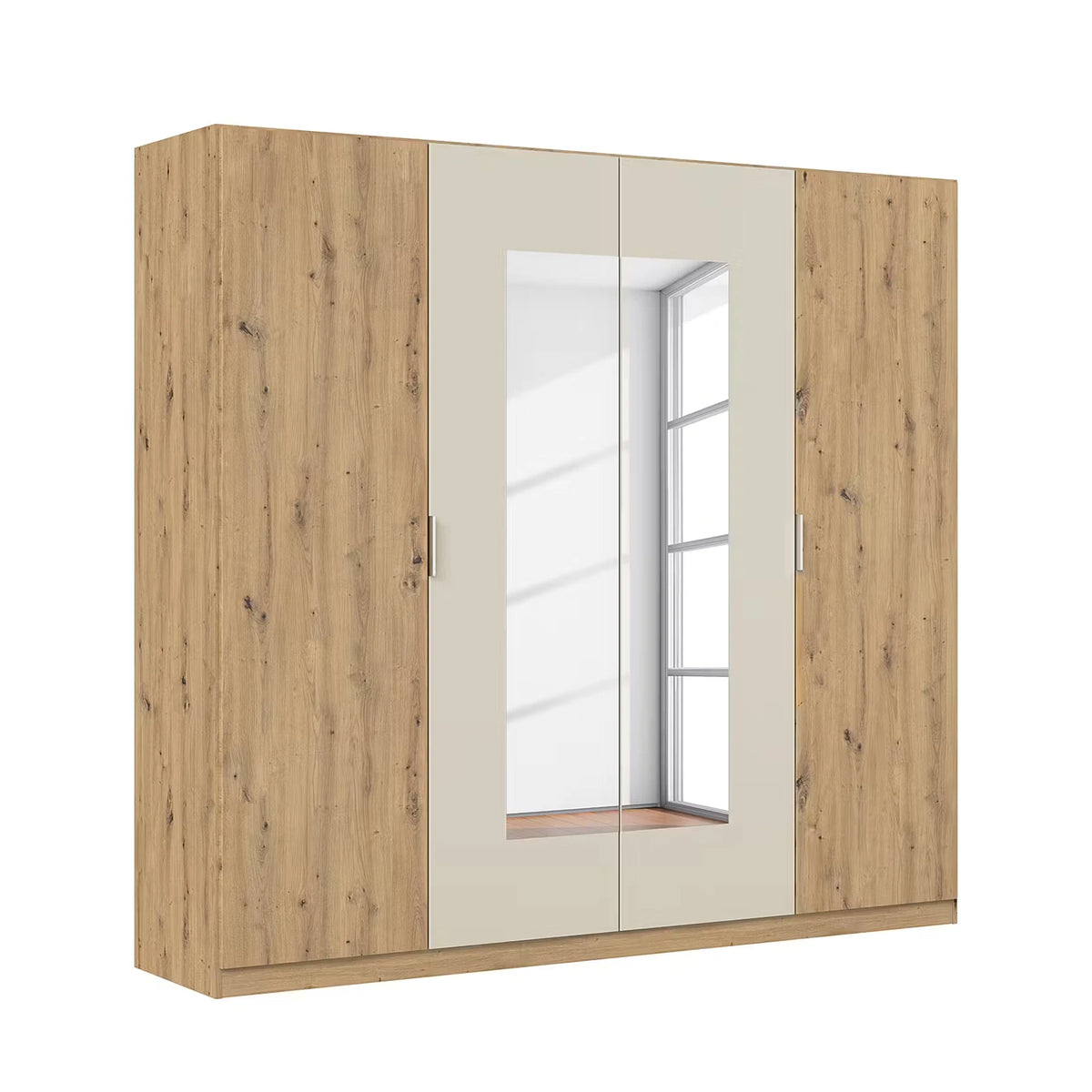 Rauch Monza 4 Door Hinged Door Wardrobe in Oak & Champagne with mirror 