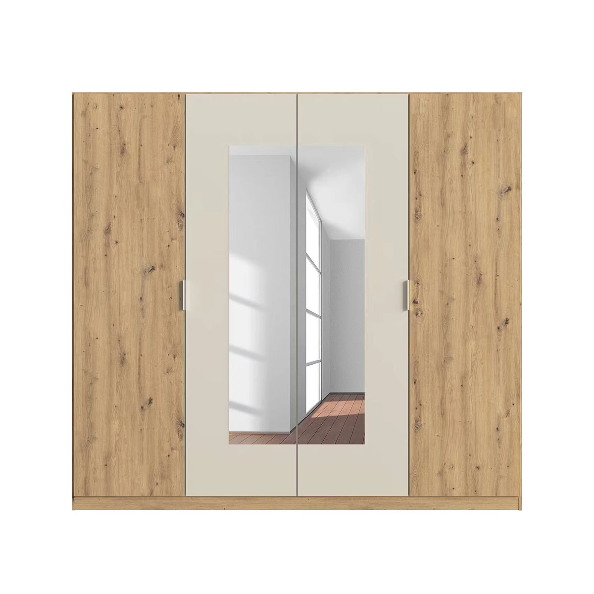 Rauch Monza 4 Door Hinged Door Wardrobe in Oak & Champagne with mirror front view