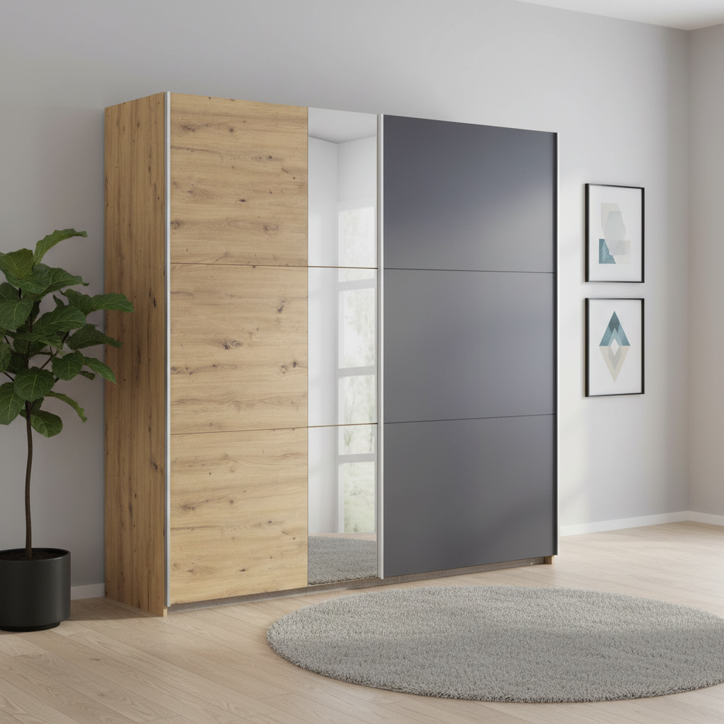 Rauch Monza 2 door sliding wardrobe in Artisan Oak and Metallic Grey styled in a modern bedroom