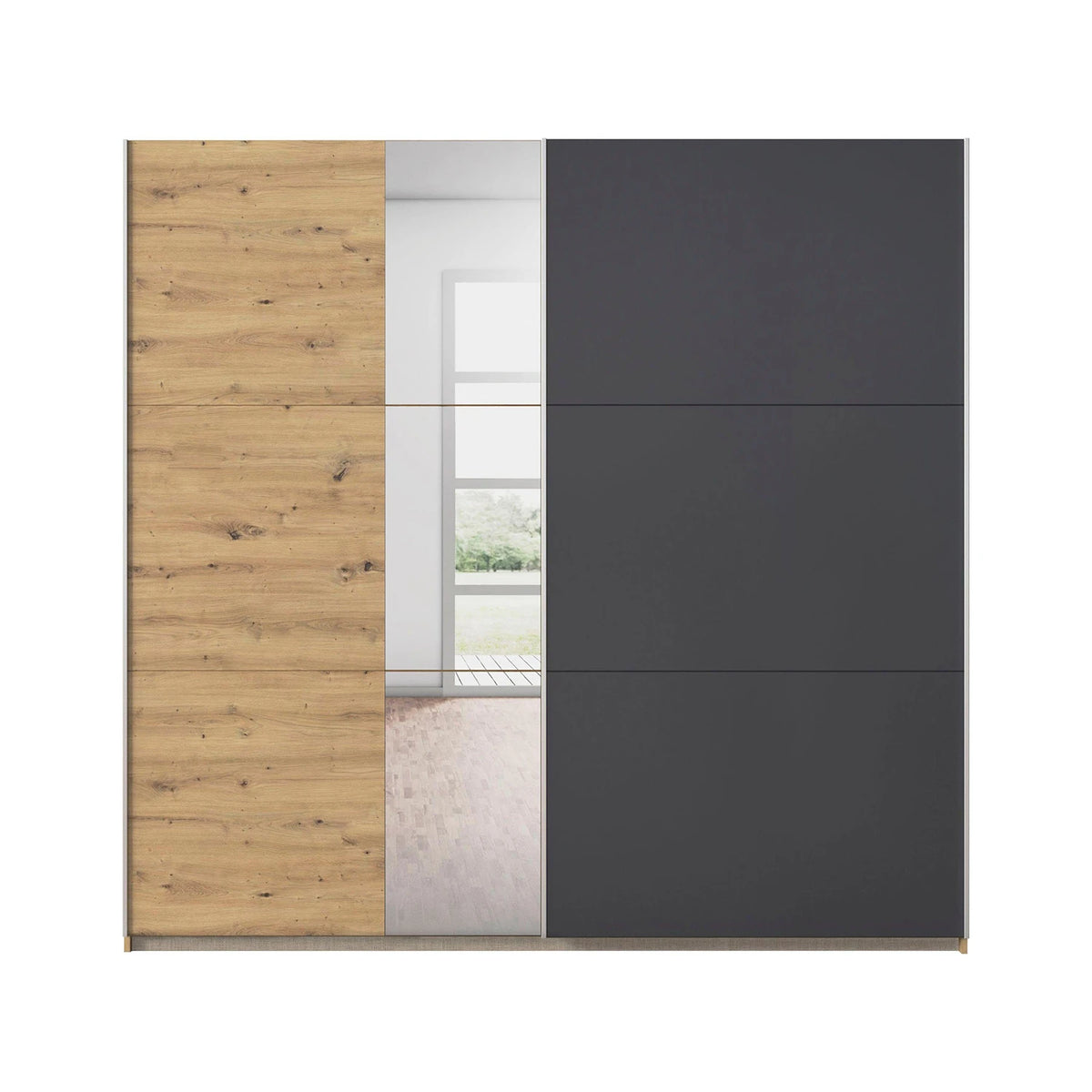 Rauch Monza 2 door sliding wardrobe in Artisan Oak and Metallic Grey front view