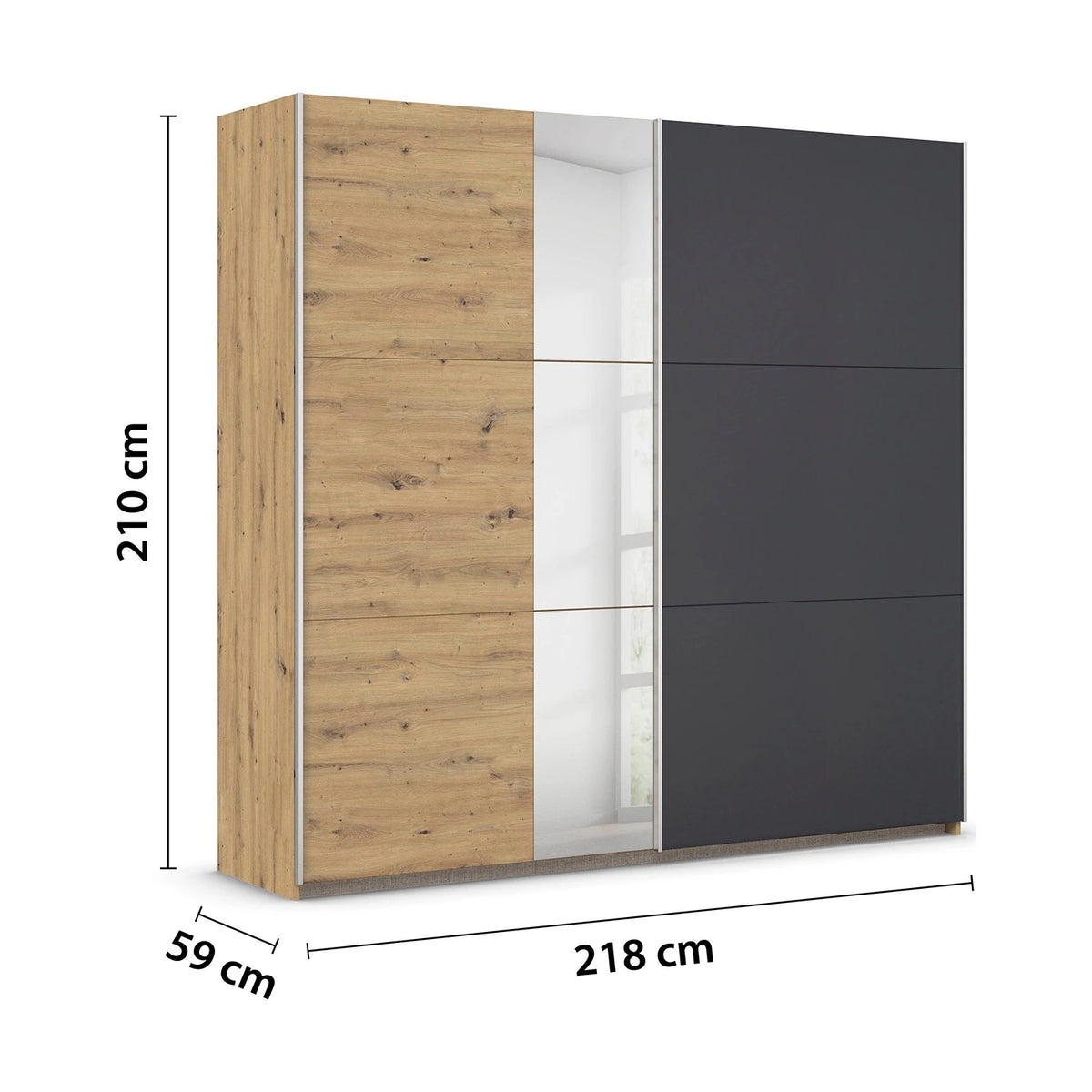 Rauch Monza 2 door sliding wardrobe in Artisan Oak and Metallic Grey Dimensions
