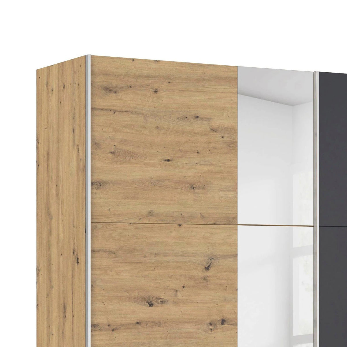 Rauch Monza 2 door sliding wardrobe in Artisan Oak and Metallic Grey side closeup view