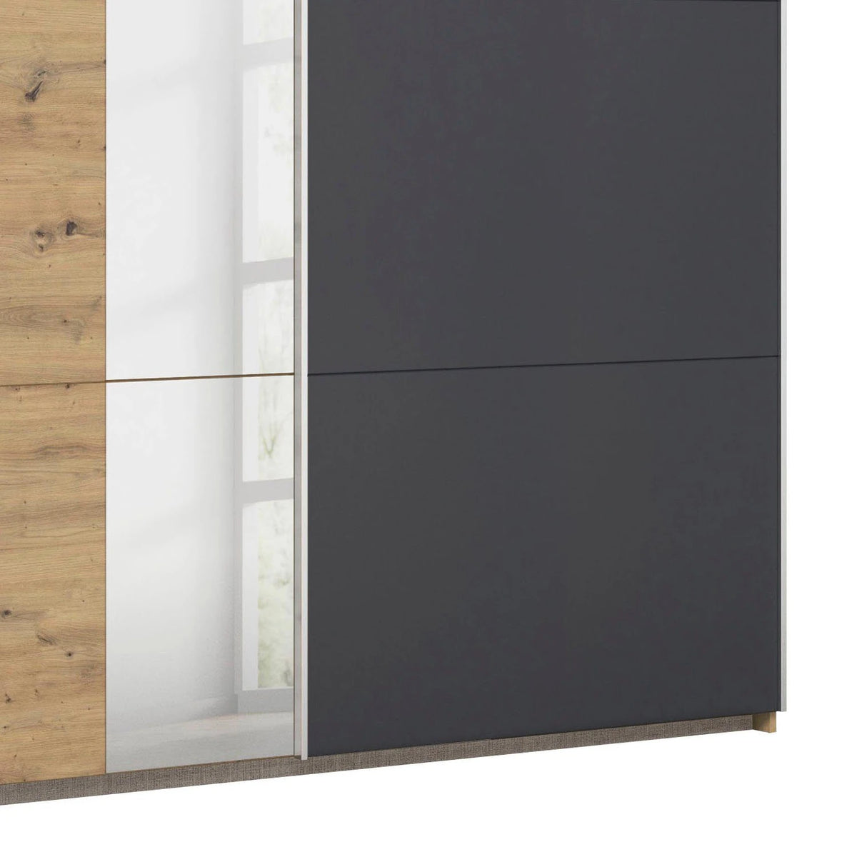 Rauch Monza 2 door sliding wardrobe in Artisan Oak and Metallic Grey bottom closeup view