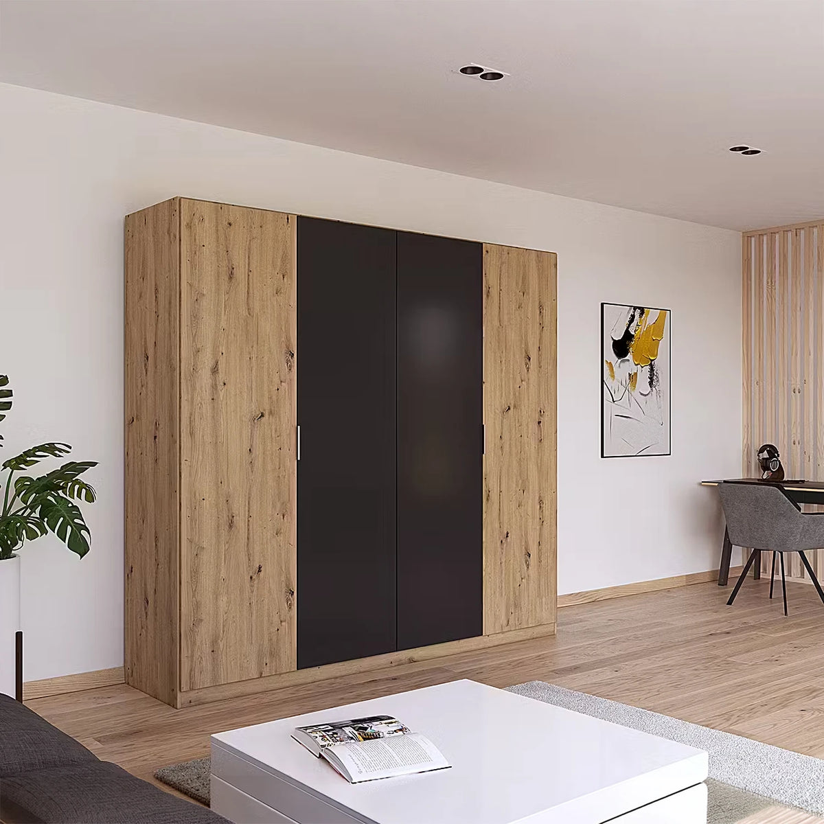 Rauch Monza 4 Door Hinged Door Wardrobe in Artisan Oak & Metallic Grey with mirror styled in a modern bedroom