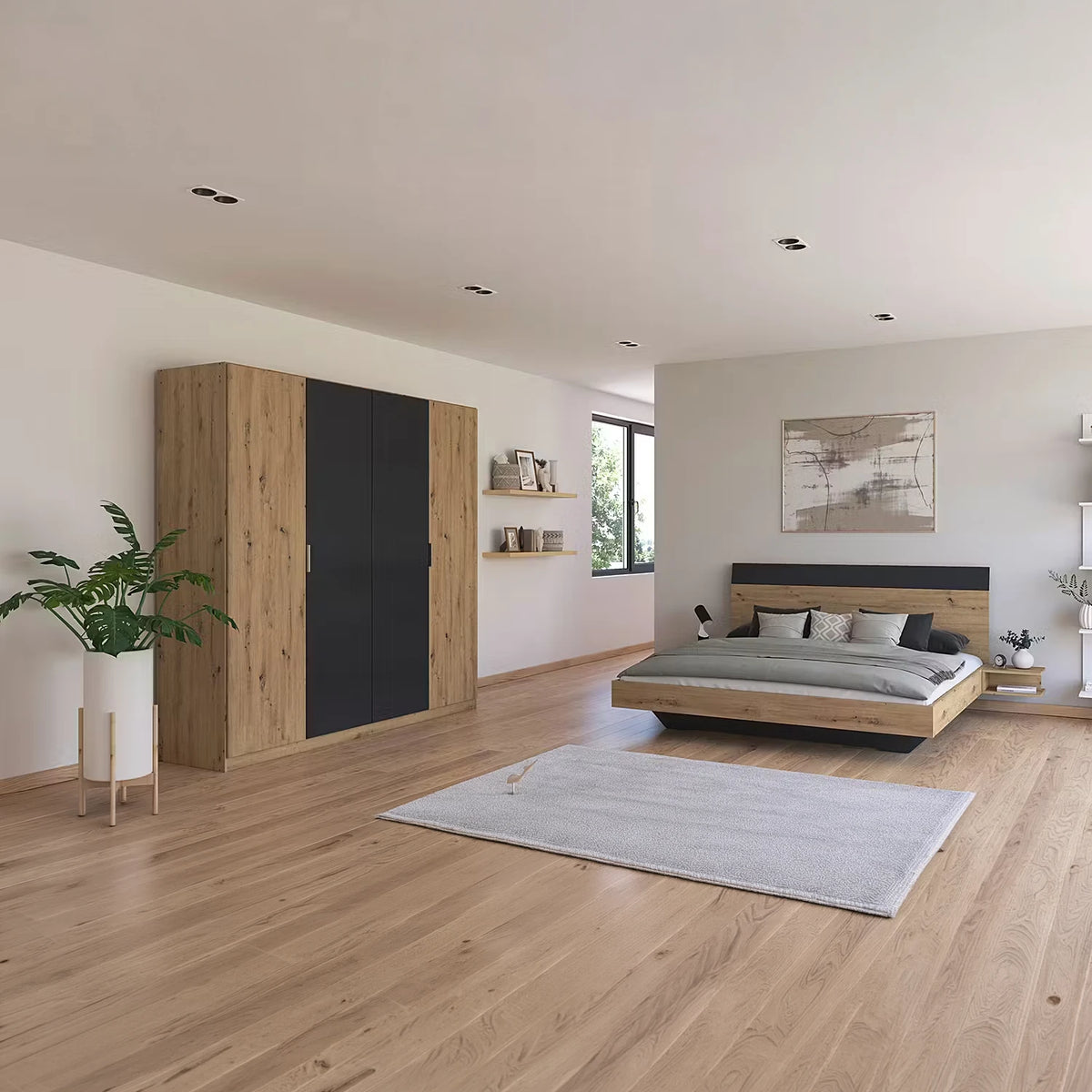 Rauch Monza 4 Door Hinged Door Wardrobe in Oak & Metallic Grey styled in a luxury room