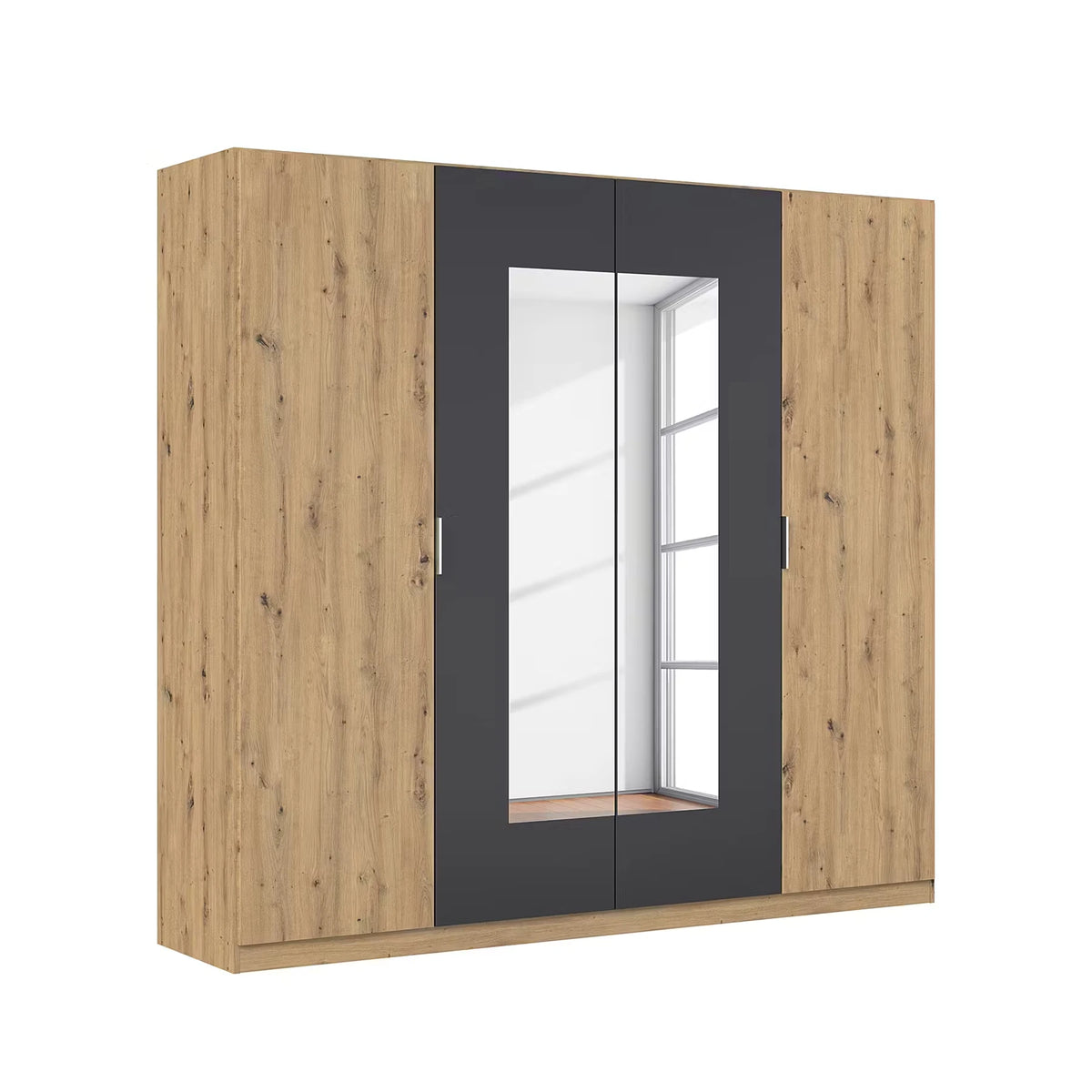 Rauch Monza 4 Door Hinged Door Wardrobe in Oak & Metallic Grey with mirror
