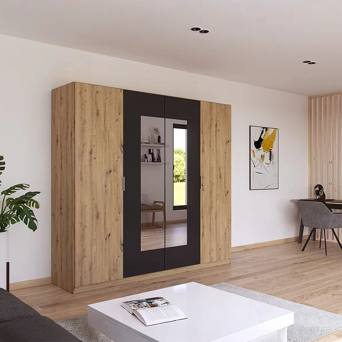 Rauch Monza 4 Door Hinged Door Wardrobe in Artisan Oak & Metallic Grey with mirror styled in a modern bedroom