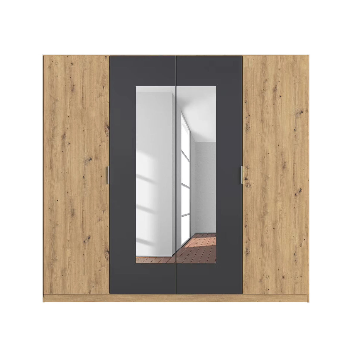 Rauch Monza 4 Door Hinged Door Wardrobe in Oak & Metallic Grey with mirror front view