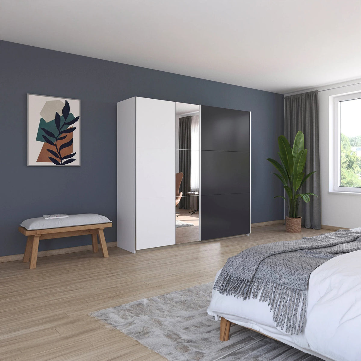 Rauch Monza Alpine White and Metallic Grey wardrobe with central mirror panel