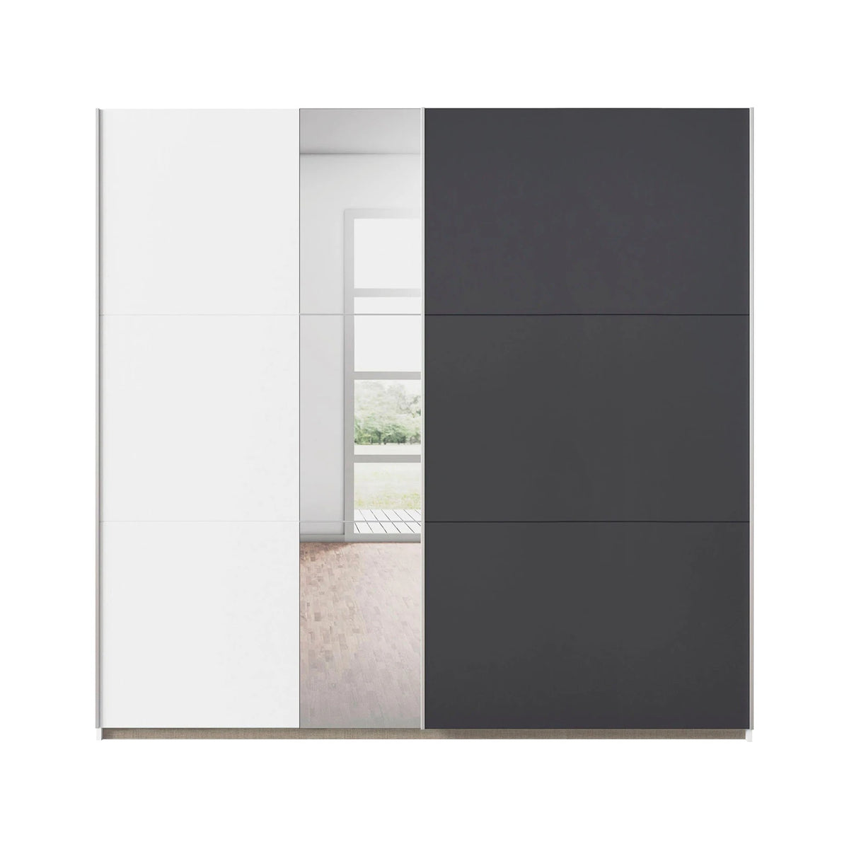Rauch Monza sliding wardrobe with contrasting white, grey and mirror sections
